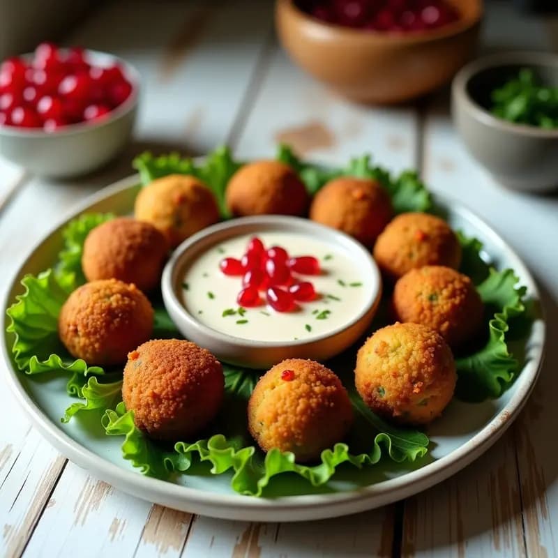 Plato de falafel libanés dorado y crujiente, con habas y perejil, acompañado de una salsa vibrante de granados y tahini, servido sobre hojas de lechuga fresca. Receta tradicional sin gluten.