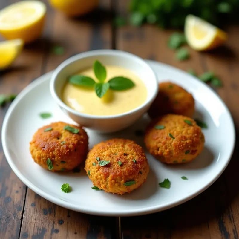 Plato blanco con falafel de habas dorados y crujientes, acompañados de un bol pequeño con salsa cremosa de limón y granadilla, decorado con hojas de menta y semillas de granadilla. Receta libanesa sin garbanzos.