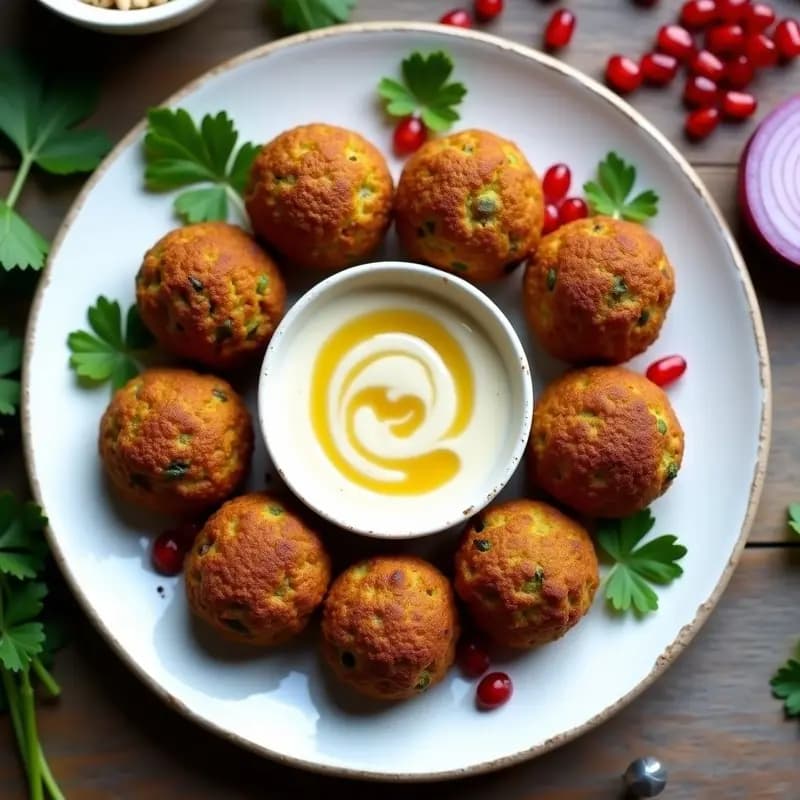 Plato de falafel dorados y crujientes de habas, dispuestos sobre una base de lechuga morada, acompañados de salsa cremosa de tahini de ajo negro y semillas de granado rojas brillantes. Receta libanesa gourmet para tupper.