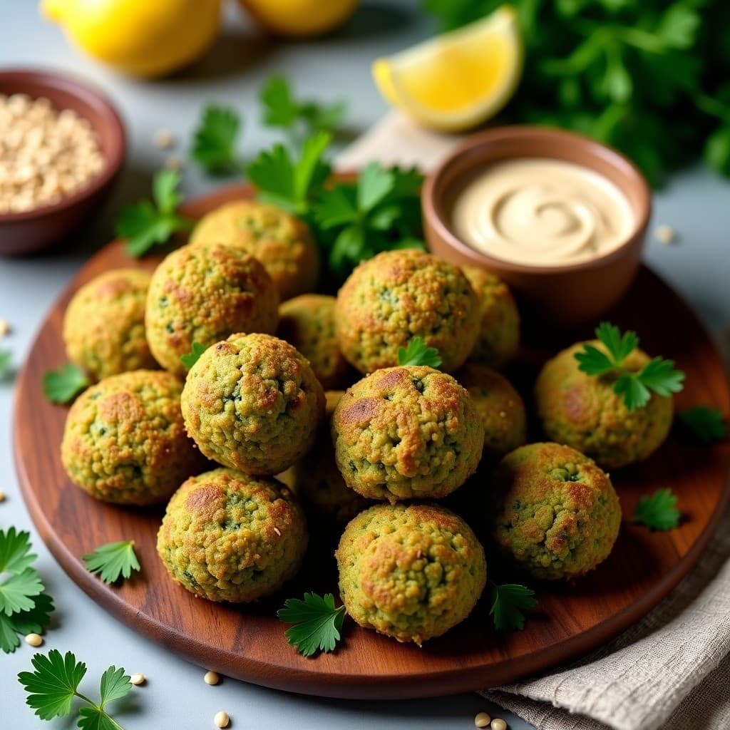 Falafel de habas verdes y perejil crudivegano en deshidratador, dorados y crujientes, con semillas de sésamo visibles, servidos en plato de madera con salsa de tahini y hojas de perejil fresco.