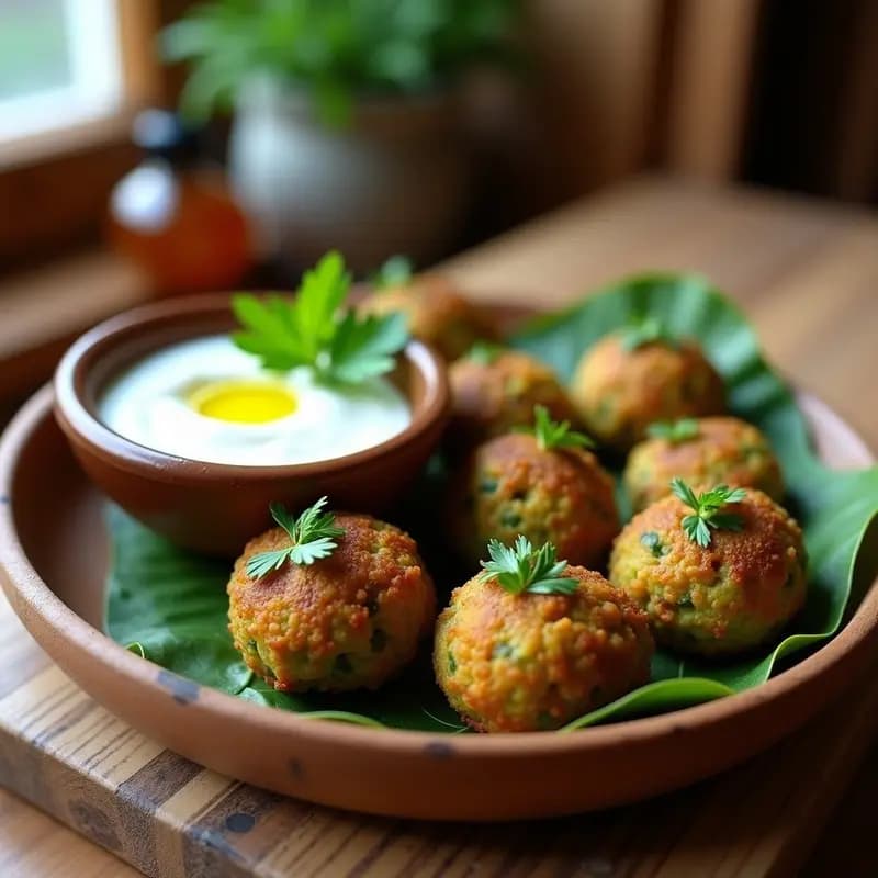 Plato de falafel de habas verdes y perejil dorados al horno, servidos con salsa de yogur griego cremosa y decorados con hojas de perejil fresco sobre fondo rústico de madera.