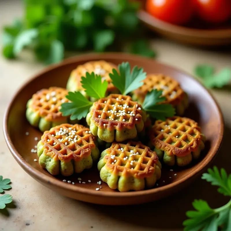Falafel de habas verdes dorados y crujientes con forma de waffle, servidos en un plato de madera con semillas de sésamo espolvoreadas y hierbas frescas. Receta egipcia sin freír en waffle maker.