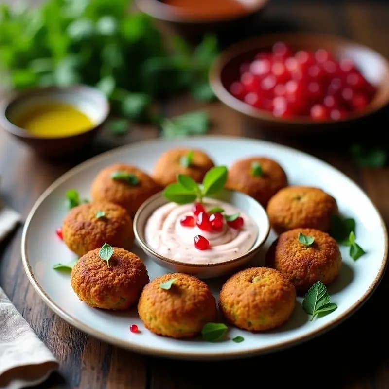 Plato de falafel de habas dorados y crujientes, servidos con una salsa cremosa de yogur y granada, decorados con semillas de granada y hojas de menta fresca. Receta egipcia crujiente y proteica.