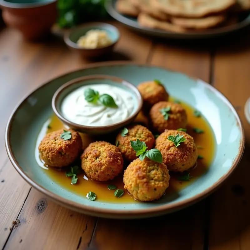 Plato de falafel al horno dorado y crujiente, servido con salsa cremosa de ajo y yogur de coco, decorado con semillas de sésamo y perejil fresco. Receta medianoriental sin freír.