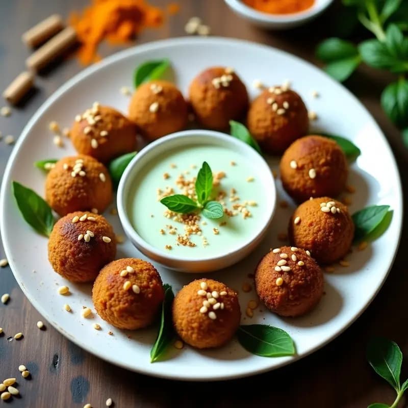 Plato de falafel al horno dorados y crujientes, servidos con una salsa cremosa de yogur de soya y menta fresca, decorados con semillas de sésamo y hojas de menta. Receta libanesa crujiente y vegana.