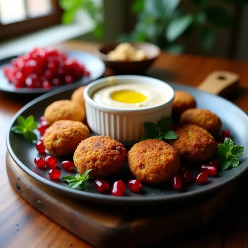 Plato de falafel al horno dorado y crujiente, acompañado de salsa de tahini cremosa y granos de granada rojos brillantes, servido sobre una bandeja de madera oscura con hierbas frescas.