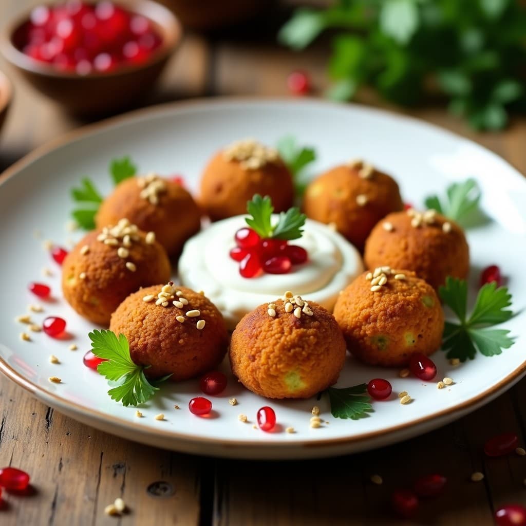 Plato blanco con falafel al horno dorados y crujientes, bañados en salsa de yogur cremosa y decorados con semillas de granado rojas vibrantes, perejil fresco y sésamo tostado. Receta sin gluten y alta en proteína.