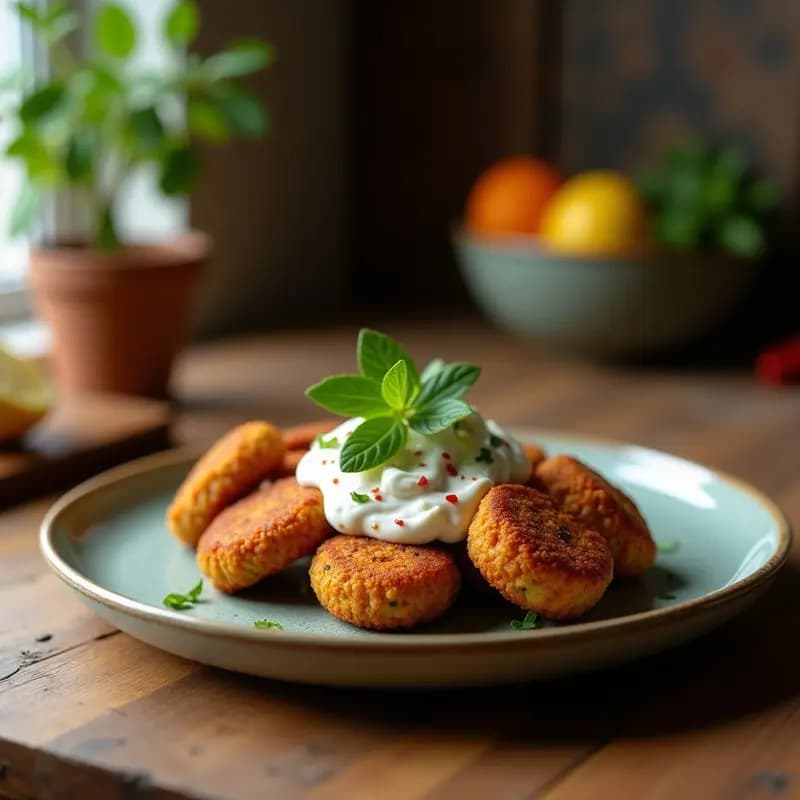 Plato blanco con falafel dorados al horno, crujientes por fuera y esponjosos por dentro, acompañados de una salsa cremosa de yogur y pimentón ahumado. Decorados con semillas de sésamo tostadas y hojas de perejil fresco. Receta de falafel al horno keto y sin fritura.