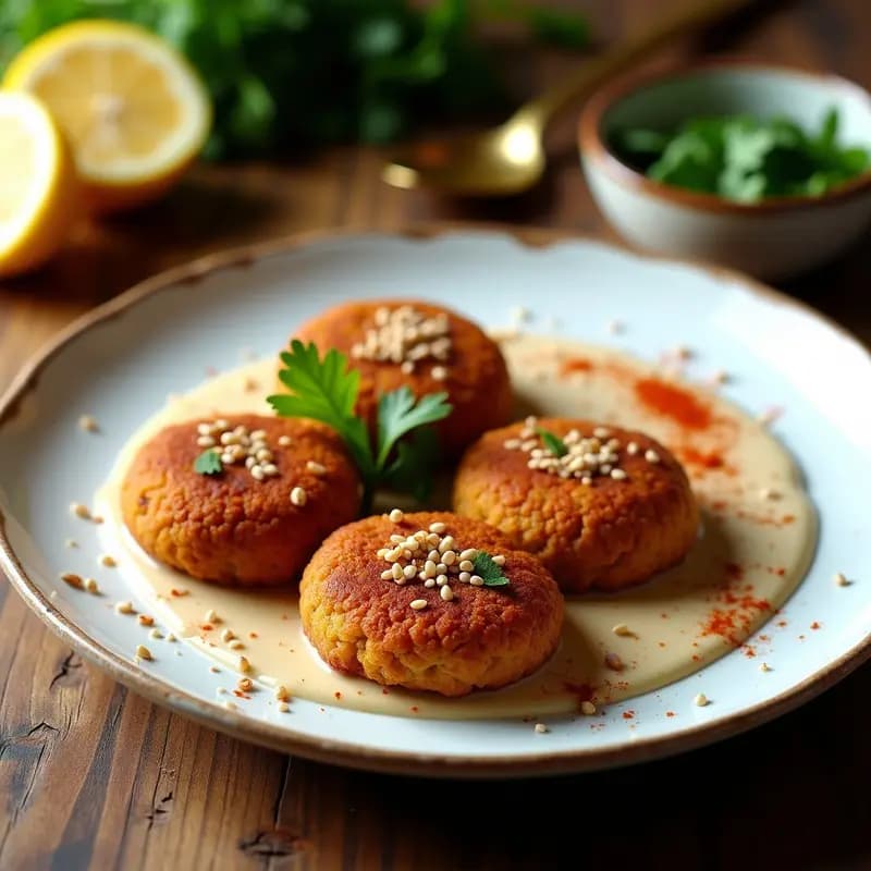 Plato de falafel de lentejas rojas dorados y crujientes en sartén antiadherente, acompañados de salsa de tahini cremosa y semillas de sésamo tostadas. Receta libanesa vegana y sin gluten.