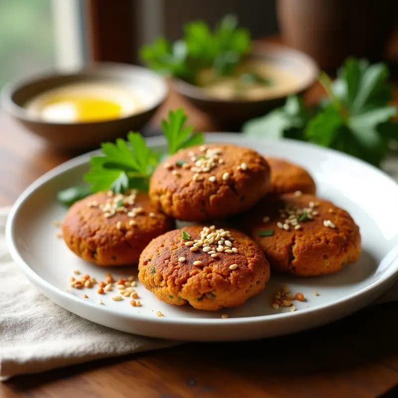 Falafel de lentejas rojos al horno dorados y crujientes, servidos en un plato de cerámica blanca con semillas de sésamo, acompañados de salsa de tahini y hierbas frescas. Receta ligera y sin gluten del clásico árabe.