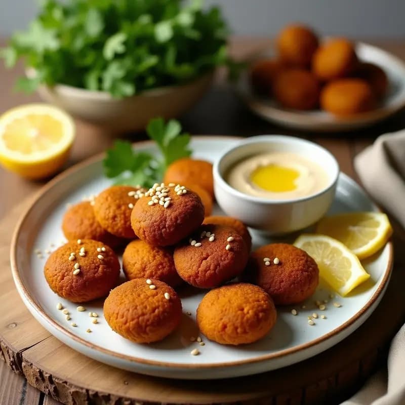 Plato de falafel de lentejas rojos dorados y crujientes, servidos con salsa de tahini cremosa y decorados con perejil fresco y semillas de sésamo, receta mediterránea en airfryer.
