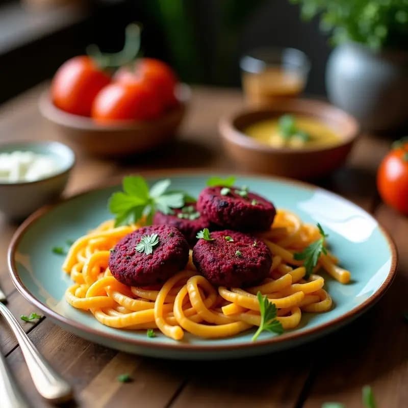 Falafel dorados y crujientes con tonos rosados por la remolacha, servidos en plato de madera con salsa de tahini y hierbas frescas, aperitivo mediterráneo vegano.