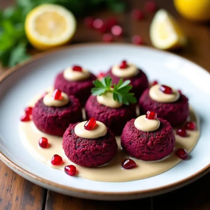 Plato blanco con falafel de remolacha morada dorados al vapor, bañados en salsa de tahini cremosa y decorados con semillas de granada rojas brillantes. Fondo con hojas de perejil fresco y rodajas de limón.
