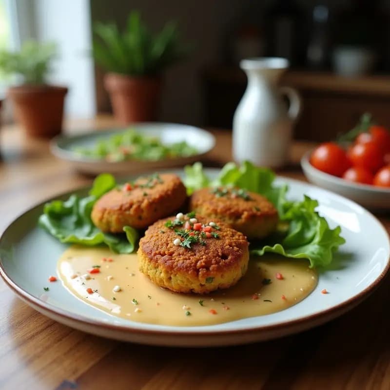 Plato blanco con falafeles dorados y crujientes en Airfryer, acompañados de una salsa cremosa de tahini y granadilla, decorados con semillas de granada rojas. Receta vegana y mediterránea de aperitivo saludable.
