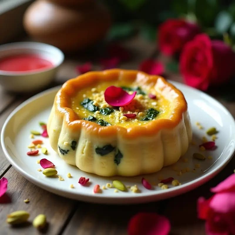 Falguni indio en molde redondo dorado, con capas visibles de espinacas, queso paneer y pistachos picados, decorado con hojas de rosa y servido en plato de cerámica blanca.