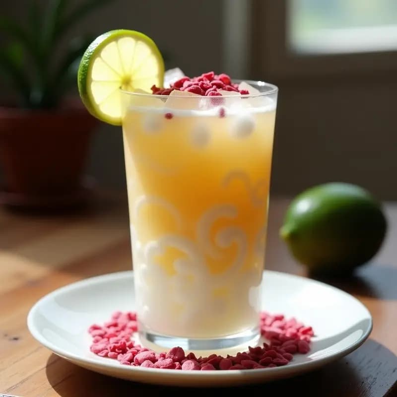 Vaso alto de cristal con capas de Faloodeh Iraní de Rosa y Lima: fideos de arroz blancos, mezcla cremosa de coco y dátiles, agua mineral con pétalos de rosa rosados y hielo picado. Bebida refrescante sin azúcar y vegana, decorada con rodajas de lima.
