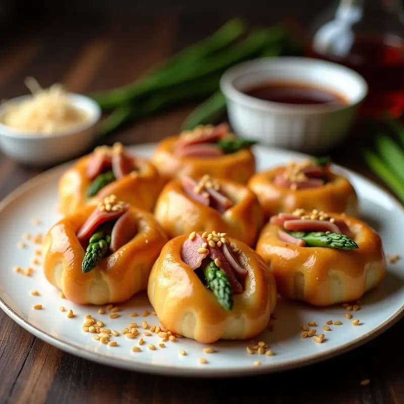 Fantán de espárragos y jamón serrano dorados en wok, con semillas de sésamo y brillo de miel, presentados en plato blanco con fondo de madera oscura.