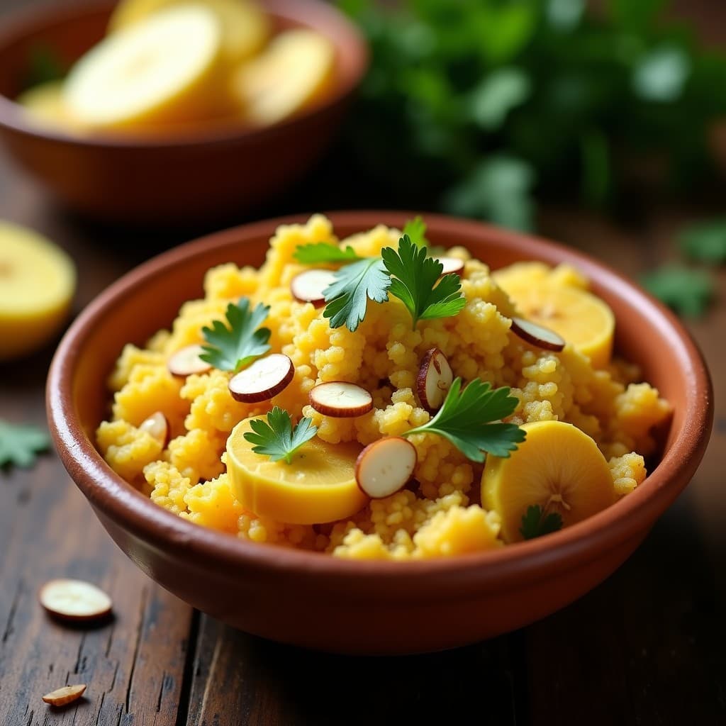 Plato hondo de barro con farofa de plátano macho y bacalao desalado, dorada y crujiente, decorada con cilantro fresco y almendras fileteadas sobre fondo rústico de madera.