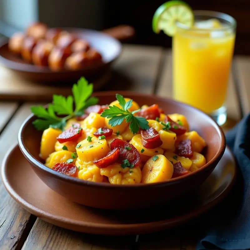 Plato hondo de barro con farofa de plátano macho y bacon dorada, textura crujiente y trozos de bacon visible, decorada con perejil fresco y almendras fileteadas, acompañamiento brasileño dulce-salado.