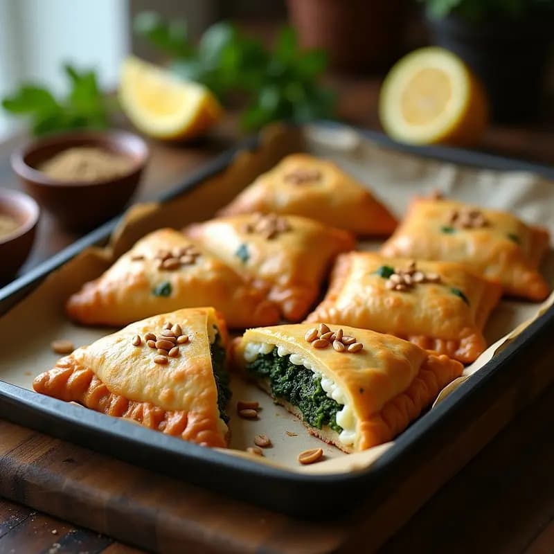 Bandeja de horno con fatayer de espinaca y piñones veganas con masa de yogur, doradas y crujientes, dispuestas en forma de abanico sobre papel de horno, con piñones visibles en el relleno y un toque de sumac espolvoreado.