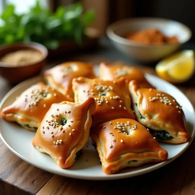 Fatayer árabes doradas y crujientes en una fuente de cerámica blanca, con relleno de espinacas y cebolla caramelizada asomando por los bordes. Semillas de sésamo tostadas cubriendo la superficie y un fondo rústico con hierbas frescas y especias.