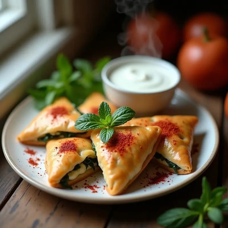 Fatayer libanés de espinacas y piñones en masa de yogur, dorados y crujientes, servidos en un plato de cerámica blanca con sumac espolvoreado y hojas de menta fresca como decoración.