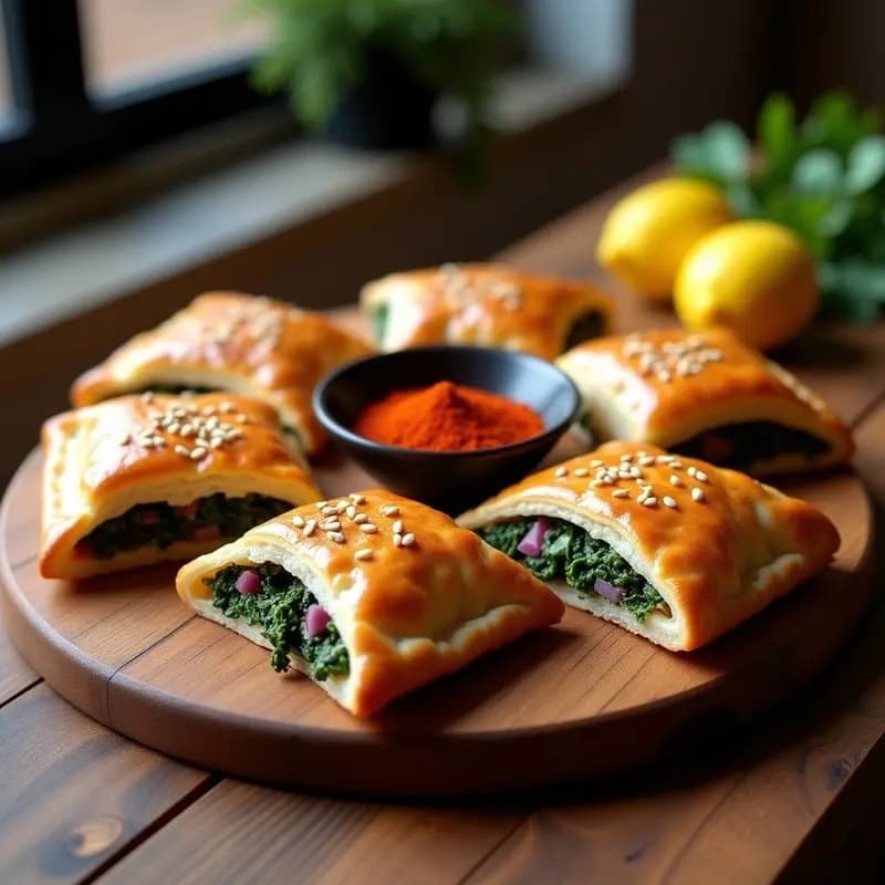 Fatayer libaneses crujientes en forma de triángulo, con masa dorada y relleno verde de espinacas y sumac, servidos en una bandeja de madera con limón y piñones alrededor. Receta de fatayer de espinacas y sumac en airfryer.