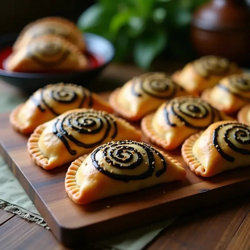 Fatayer de Espinacas y Suminagashi: empanadas libanesas doradas con forma de triángulo, rellenas de espinacas verdes y un toque de suminagashi, espolvoreadas con semillas de sésamo y piñones. Servidas en una bandeja de madera rústica con hierbas frescas de fondo.