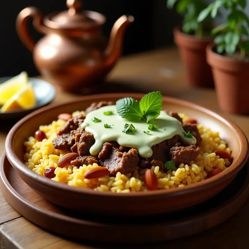 Plato hondo de cerámica blanca con capas de Fattah Egipcia: pan pita tostado en la base, arroz basmati especiado, carne de cordero desmenuzada y yogur cremoso con almendras doradas y menta fresca. Receta tradicional egipcia para ocasiones especiales.