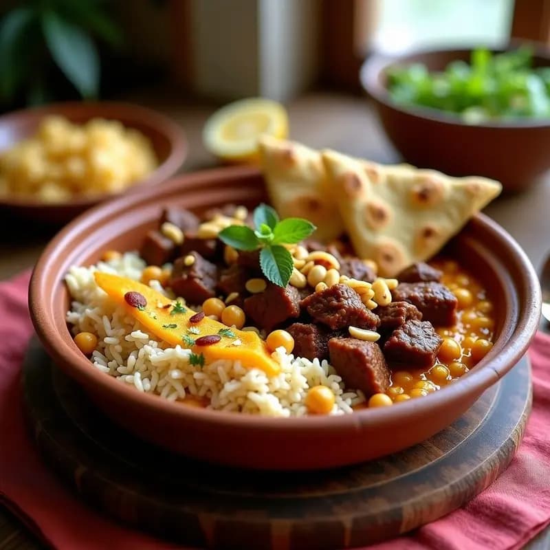 Fattah Egipcio tradicional en fuente de barro: capas de arroz basmati, carne de res estofada, pan pita dorado crujiente, garbanzos y almendras fileteadas, bañado en salsa de limón y ajo, decorado con pasas rubias.