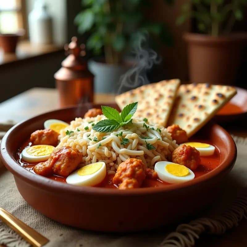 Plato hondo de barro con capas de arroz basmati amarillento, trozos de pollo dorado, pan pita tostado crujiente y almendras con pasas. Receta tradicional egipcia de fattah con toques especiados y hierbas frescas.
