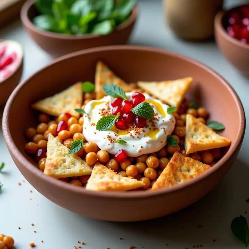 Fuente honda de cerámica blanca con capas de Fatteh libanés: pan de pita tostado en la base, garbanzos aplastados, yogur cremoso especiado con comino, piñones dorados, semillas de granada y hojas de menta fresca. Plato frío listo para servir.