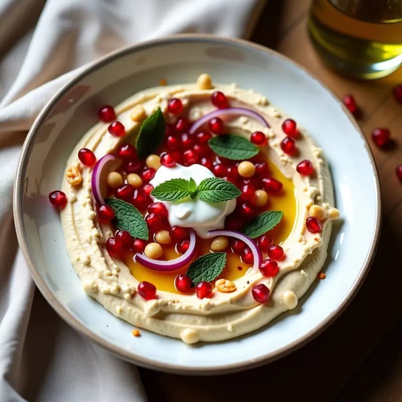 Plato hondo de cerámica blanca con capas de hummus cremoso especiado, trozos dorados de pan pita tostado, semillas de granada rojas vibrantes, piñones dorados y hojas de menta fresca. Desayuno palestino alto en proteínas, texturas contrastadas y colores vivos.