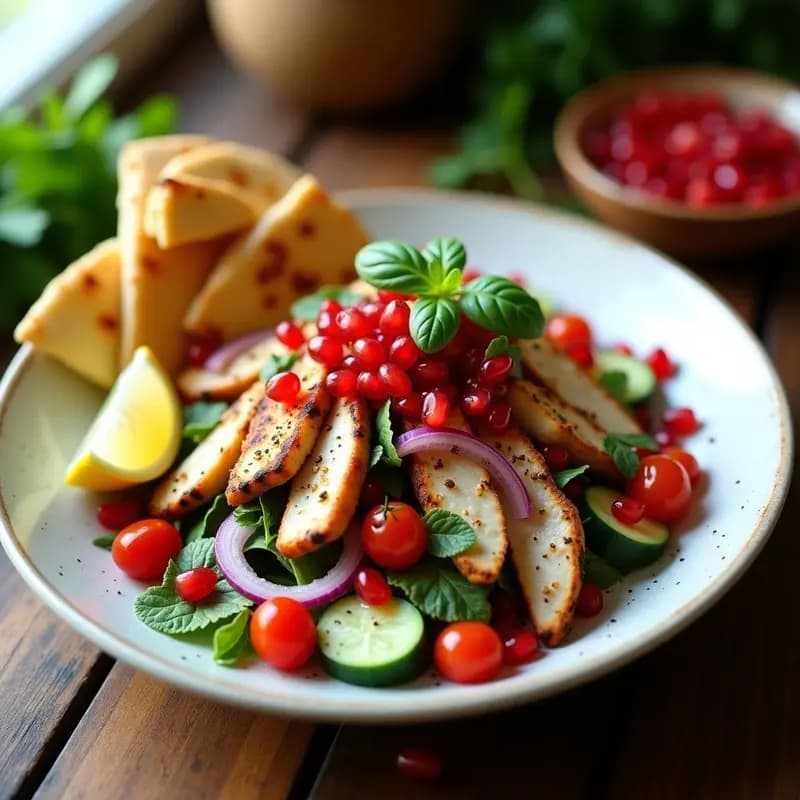 Plato hondo de cerámica blanca con Fattoosh árabe: base de lechuga romana, tomates cherry, pepino, rábanos, cebolla morada, granos de granada rojos intensos, tiras de pollo a la parrilla dorado y pan pita tostado crujiente. Decorado con semillas de sésamo, sumac y hojas de mentol fresco. Vinagreta brillante de limón confitado y comino.