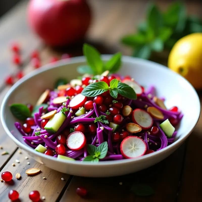 Ensalada Fattoush de col morada y granados servida en un plato blanco hondo, con julianas de col morada vibrante, semillas de granado rojas, rodajas de rábanos, cubos de pepino y almendras tostadas espolvoreadas. El aderezo de limón y sumac brilla sobre los vegetales, resaltando su frescura. Decorada con hojas de menta y perejil, con un fondo rústico de madera.