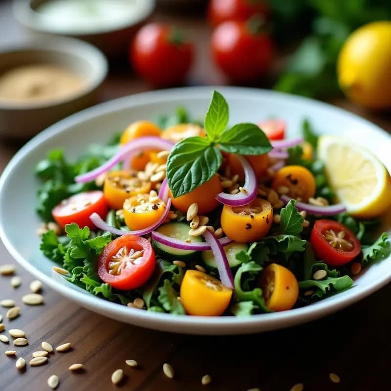 Ensalada Fattoush de col rizada y granadilla en un bol de cerámica blanca, con hojas verdes de col rizada, pulpa amarilla de granadilla, tomates perla, pepino y semillas de sésamo tostado. Decorada con hierbabuena fresca y un toque de sumac espolvoreado.