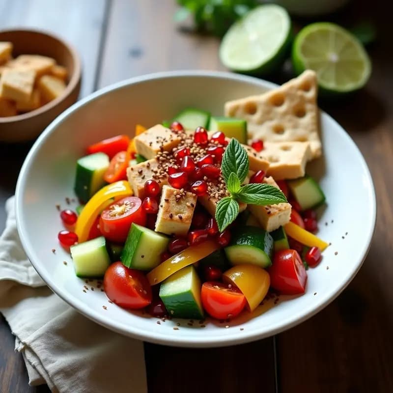 Bowl de cerámica blanca con Fattoush libanés: ensalada colorida de vegetales frescos (pepino, tomate cherry, pimiento, rábanos), semillas de granada rojas, pan de pita tostado en triángulos dorados y hierbas verdes (menta y perejil), decorado con sésamo. Fondo rústico de madera con especias y limones al lado.