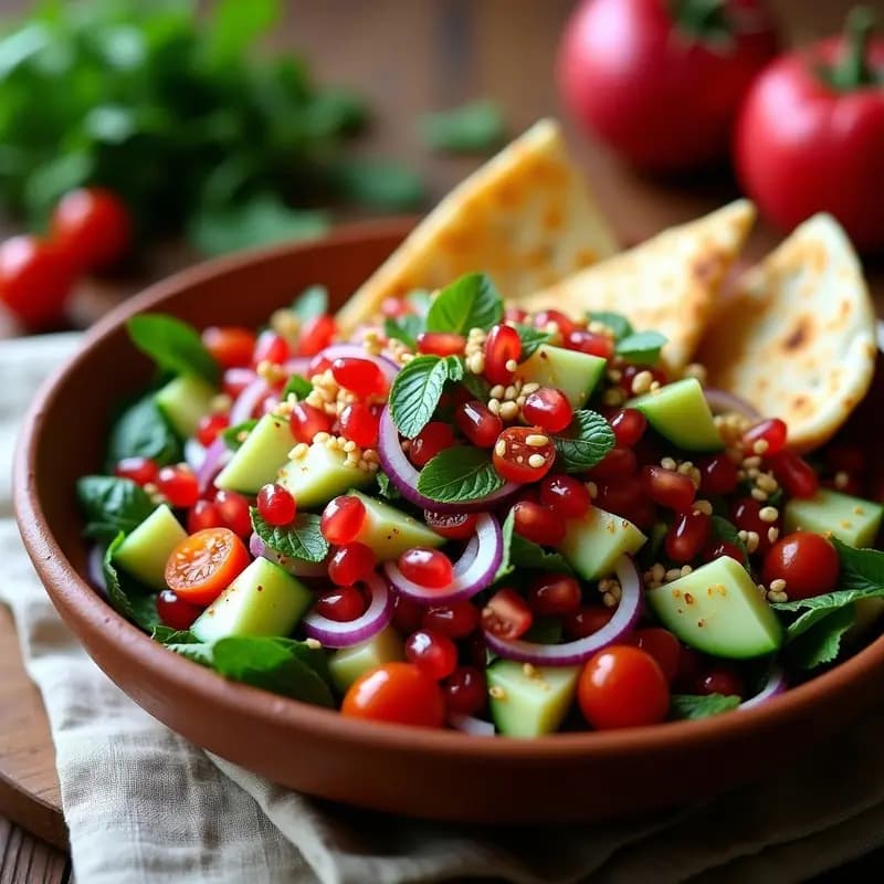Ensalada Fattoush libanesa en bol de barro con granos de granada rojos, pepino verde en cubos, pan de pita dorado y crujiente, hierbas frescas y semillas de sésamo, servida sobre mesa rústica de madera.