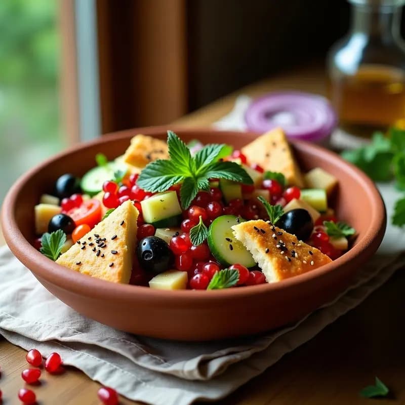 Ensalada Fattoush con granadas y aceitunas Kalamata servida en un bol de barro. Triángulos dorados de pan de pita tostado, semillas rojas de granada, aceitunas negras brillantes y hierbas frescas verdes. Vinagreta dorada y semillas de sésamo espolvoreadas por encima.