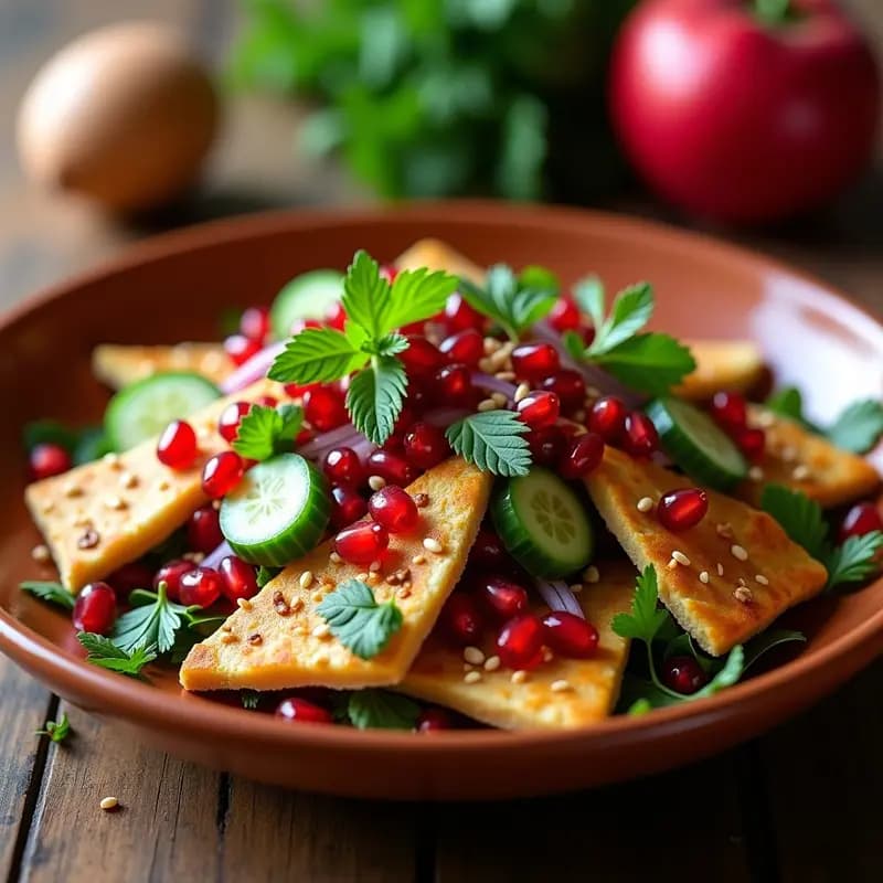 Plato hondo de cerámica blanca con Fattoush Libanés con Granadas y Hierbas Frescas: ensalada árabe crujiente sin horno, con trozos dorados de pan de pita, arilos rojos de granada, verduras frescas y hierbas verdes, decorado con semillas de sésamo.