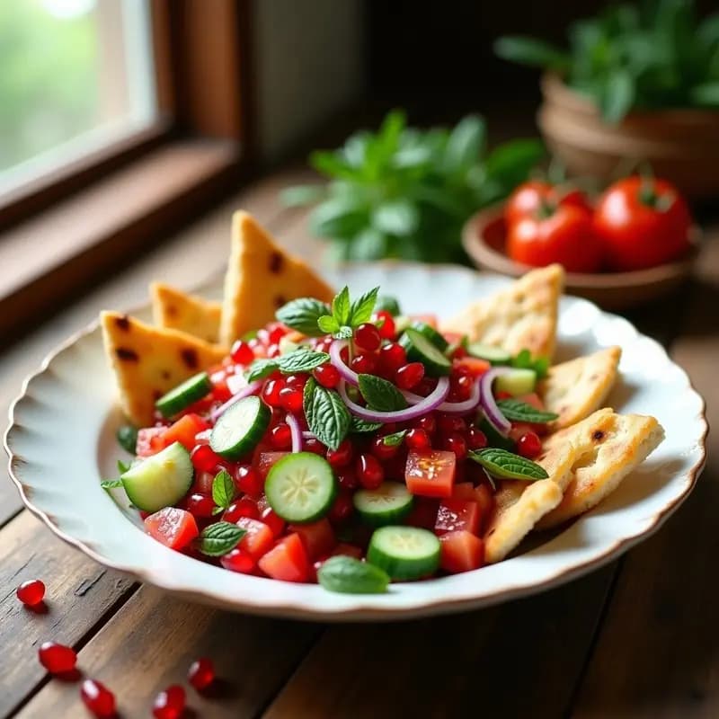 Ensalada libanesa Fattoush de Granadas y Menta servida en un plato hondo de cerámica blanca, con triángulos de pan pita dorado, semillas de granada rojas vibrantes, hojas de menta fresca y trozos de pepino y tomate. La vinagreta brilla bajo la luz, resaltando los colores frescos y naturales de los ingredientes.