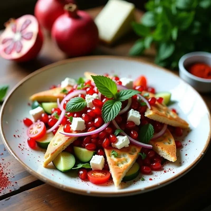 Ensalada Fattoush libanesa en bol de cerámica blanca, con pan pita tostado dorado, semillas de granada rojas brillantes, queso de cabra desmenuzado, rábanos rosados y tomates perla, adornada con hinojo fresco y almendras fileteadas. Aliño dorado visible en el fondo.