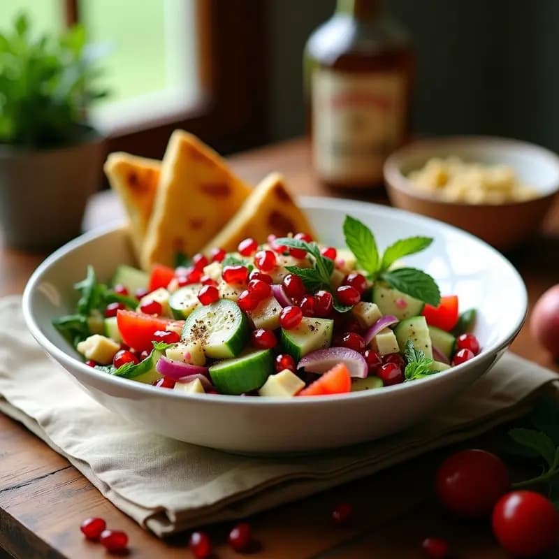 Ensalada Fattoush libanesa en bol de cerámica blanca, con pan pita tostado dorado, semillas de granada rojas brillantes, verduras frescas cortadas en trozos y hierbas verdes, acompañada de aderezo de sumac y limón.