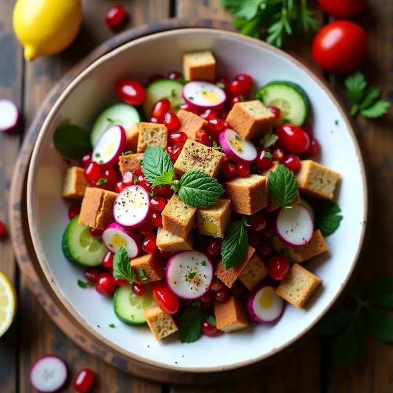 Ensalada fattoush libanesa vegana y sin azúcar, con pan de centeno tostado dorado, granos de granada rojos brillantes, vegetales frescos cortados (pepino, tomate, rábano) y hierbas verdes, servida en un plato hondo de cerámica blanca sobre fondo rústico de madera.
