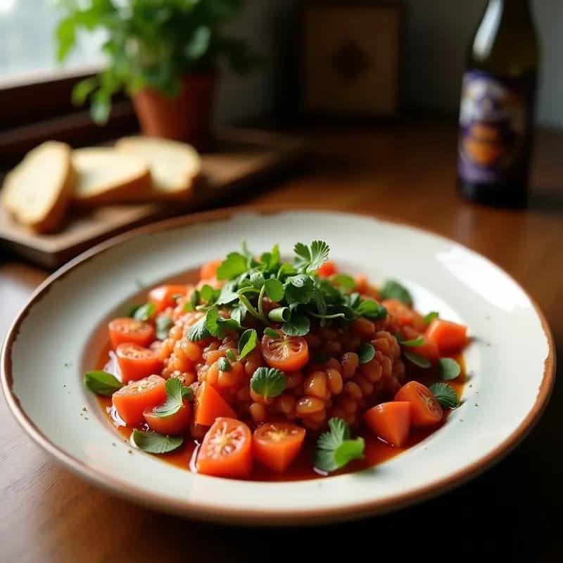 Ensalada Fattoush árabe en un bol de cerámica blanca, con trozos dorados de pan de pita tostado, tomates cherry, pepino, cebolla morada, rábanos y semillas de granada. Decorada con hojas de menta y perejil, y un espolvoreado de sumac. Receta refrescante y colorida.