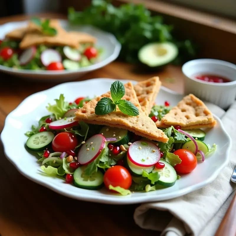 Plato hondo de cerámica blanca con Fattoush de pepino y mentastica, ensalada árabe vegana con trozos de pan tostado, pepino, tomate cherry, pimiento verde y semillas de sésamo, decorada con hojas frescas de mentastica y un toque de sumac espolvoreado.