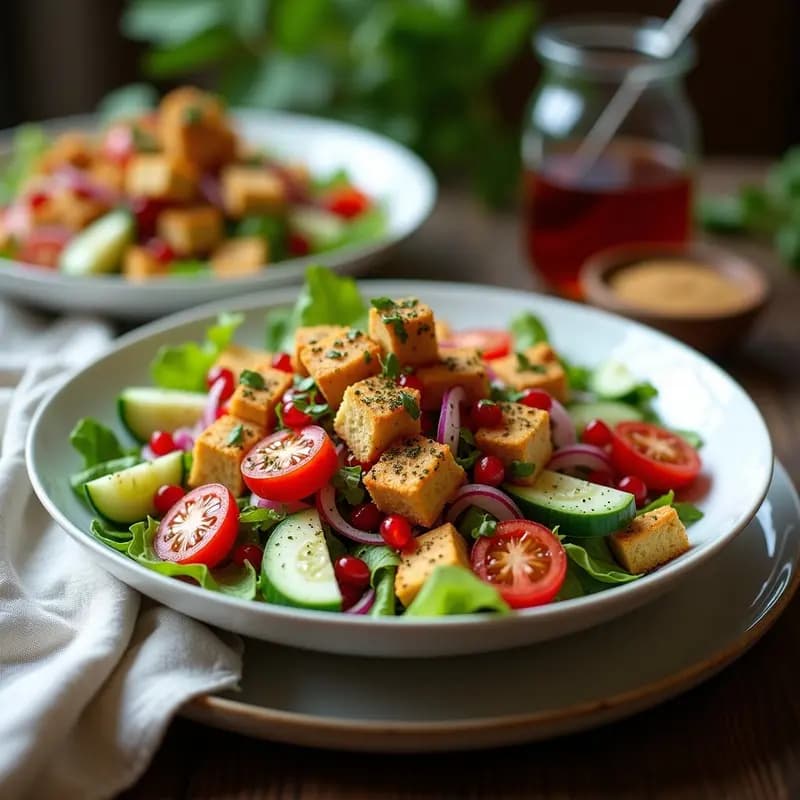 Ensalada siria fattoush en plato de cerámica blanca con pan de pita integral tostado en trozos dorados, verduras frescas (pepino, tomate, rábanos, pimiento rojo), hierbas verdes y semillas de sésamo. Vinagreta de sumac brillante y za’atar espolvoreado por encima. Fondo rústico con texturas naturales.