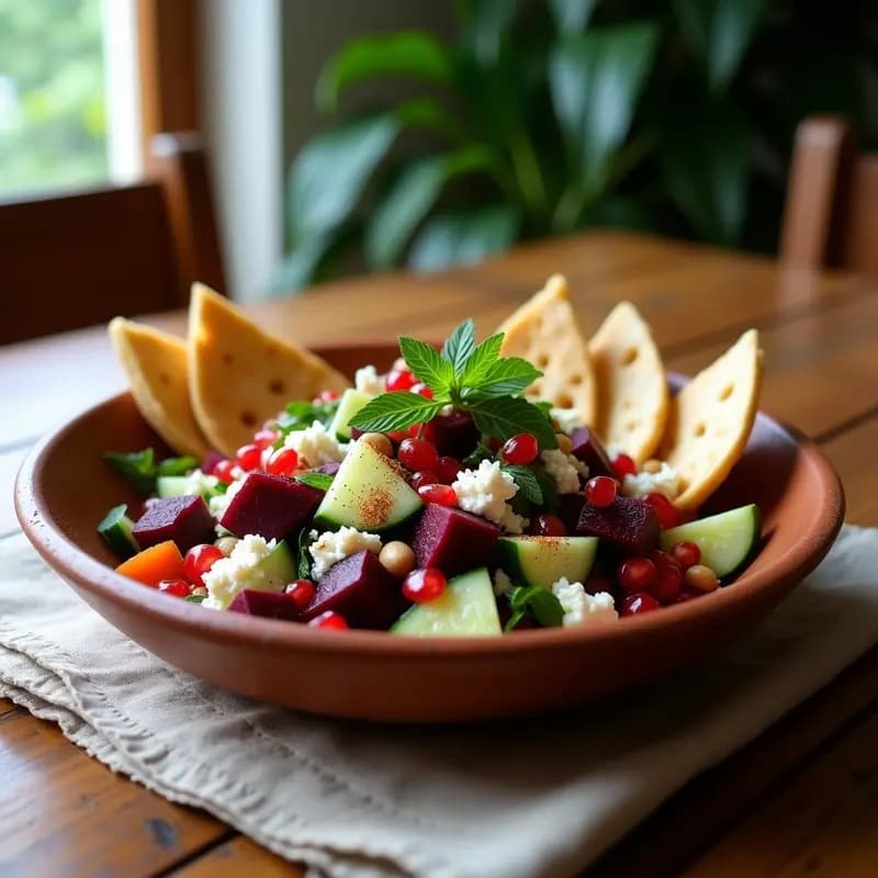 Ensalada Fattoush vegana con remolacha asada en cubos, queso de cabra vegano desmenuzado, semillas de granada brillantes y pan pita tostado crujiente, servida en un bol de barro con hierbas frescas y aliño dorado.