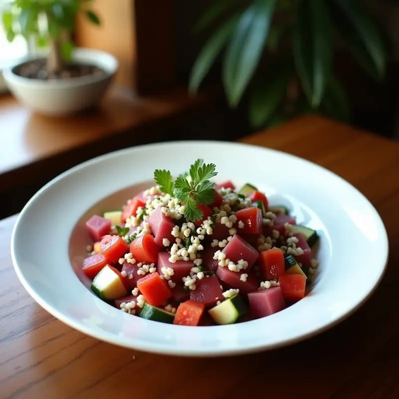 Ensalada Fattoush de repollo morado y granados en bol de cerámica blanca, con trozos de pan de garbanzo tostado, semillas de granado rojas brillantes, hierbas frescas y vinagreta cremosa. Plato colorido y crujiente sobre fondo rústico de madera.