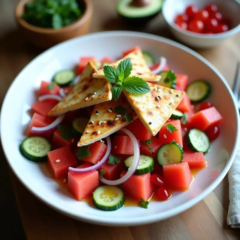 Plato hondo de cerámica blanca con Fattoush de Sandía y Queso Halloumi: cubos de sandía roja, queso halloumi dorado, pepino, tomates cherry y pita tostada sin gluten, decorado con semillas de sésamo y hierbas frescas, con vinagreta de granada.
